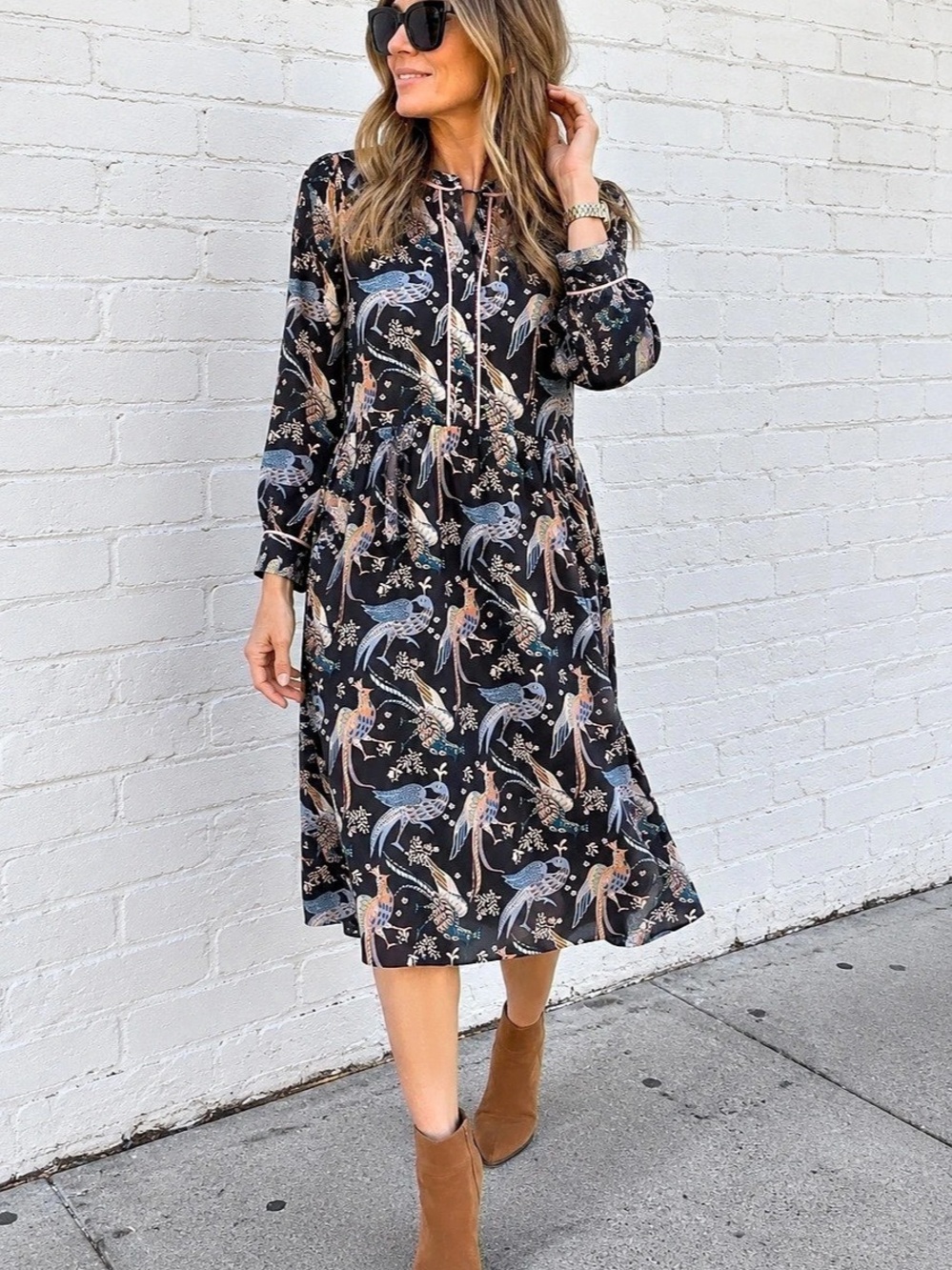 LOFT Bird Print Long Sleeve Midi Dress Size 10